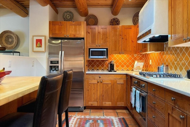 kitchen featuring wood ceiling, appliances with stainless steel finishes, beam ceiling, wall chimney range hood, and backsplash