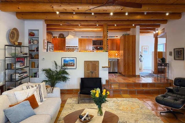 living room featuring wooden ceiling, tile patterned flooring, built in features, and beamed ceiling