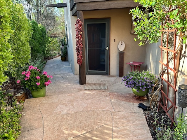 property entrance with a patio