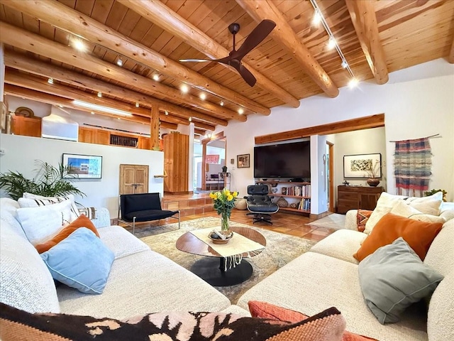 living room with wooden ceiling, beamed ceiling, and rail lighting