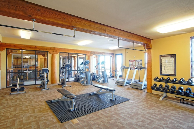 workout area featuring carpet flooring