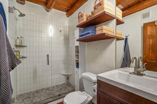 bathroom with an enclosed shower, beam ceiling, toilet, and wood ceiling