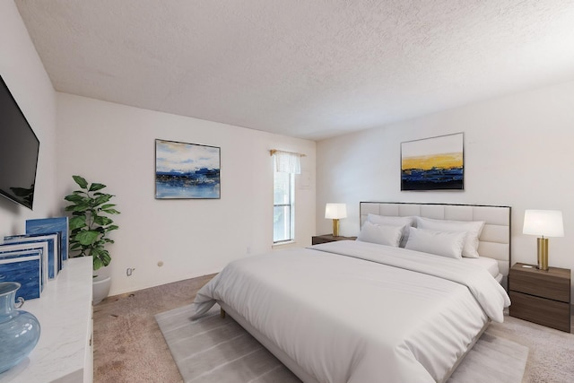 bedroom featuring a textured ceiling and light colored carpet