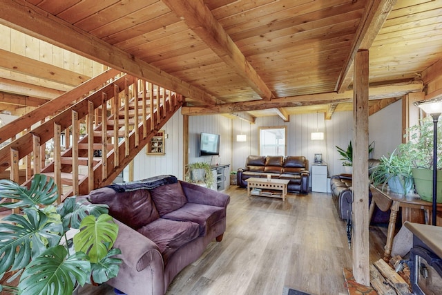 living room with wood walls, beamed ceiling, wooden ceiling, and hardwood / wood-style flooring