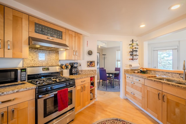 kitchen with exhaust hood, light stone countertops, appliances with stainless steel finishes, and sink