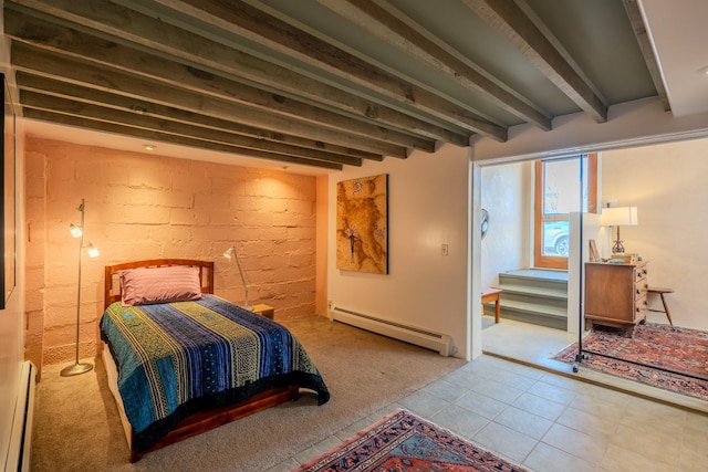 bedroom with a baseboard radiator, tile patterned floors, and beamed ceiling