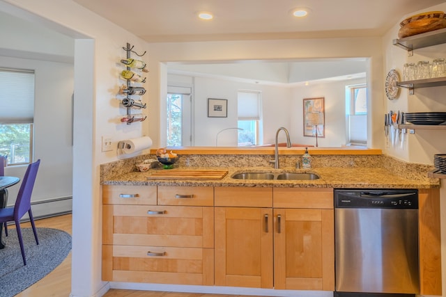 kitchen featuring plenty of natural light, stainless steel dishwasher, light hardwood / wood-style floors, and sink