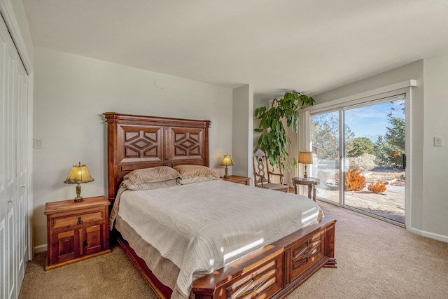 carpeted bedroom featuring access to exterior and a closet