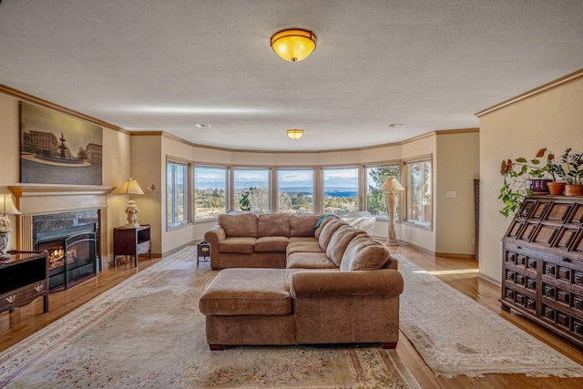 living room featuring a textured ceiling, a fireplace, ornamental molding, and light hardwood / wood-style floors