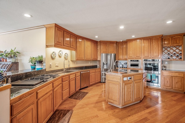 kitchen with stainless steel appliances, a kitchen island with sink, light hardwood / wood-style floors, and sink