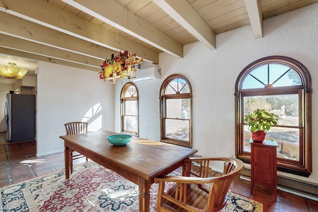 dining room featuring a wall mounted AC, an inviting chandelier, wooden ceiling, and beamed ceiling