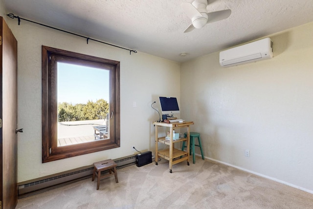 miscellaneous room with light carpet, a wall unit AC, ceiling fan, a textured ceiling, and a baseboard radiator