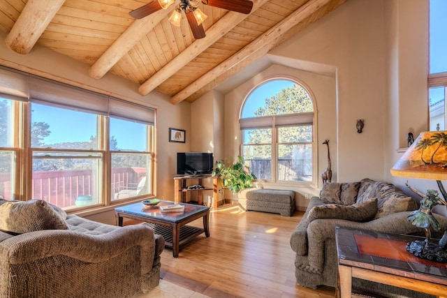 living area featuring wood ceiling, ceiling fan, lofted ceiling with beams, and light wood finished floors