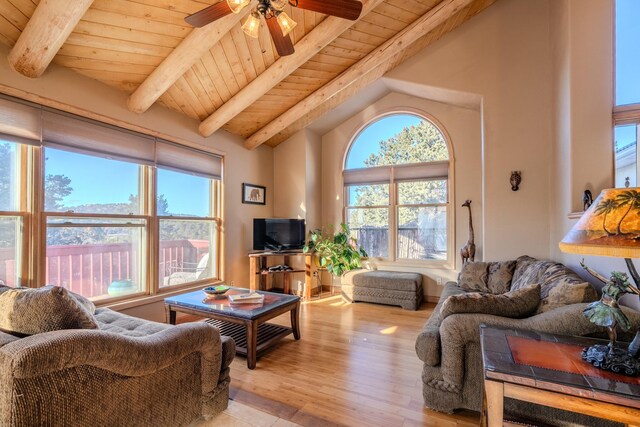 living room featuring vaulted ceiling with beams, wooden ceiling, and light wood-type flooring