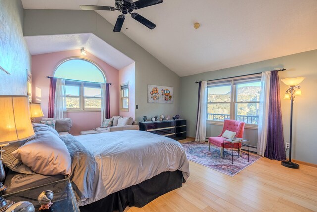 bedroom with multiple windows, vaulted ceiling, light hardwood / wood-style floors, and baseboard heating