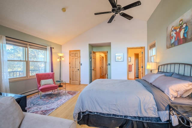 bedroom with high vaulted ceiling, a baseboard radiator, a ceiling fan, and wood finished floors