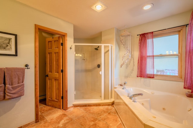 full bath featuring a baseboard heating unit, a jetted tub, a shower stall, and recessed lighting