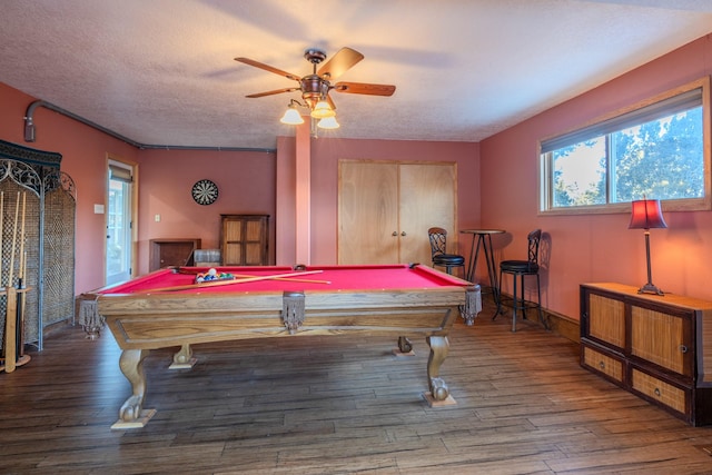 game room with a ceiling fan, billiards, a textured ceiling, and wood finished floors