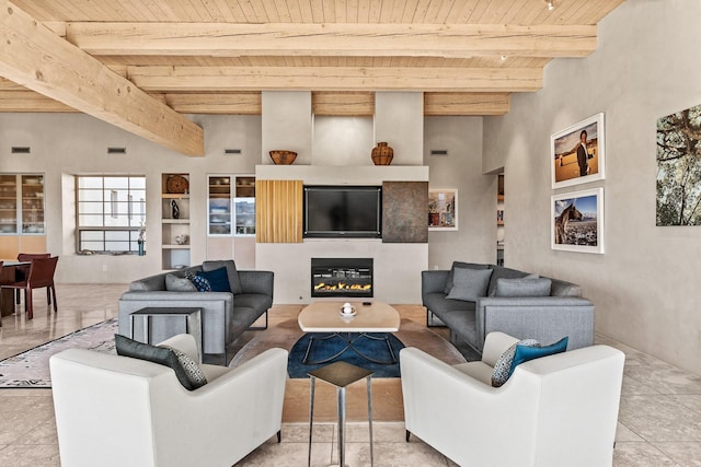 living room with wood ceiling and beamed ceiling