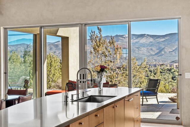 kitchen featuring sink, plenty of natural light, and a mountain view