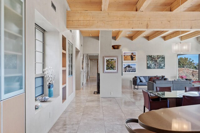 interior space featuring wood ceiling and beam ceiling