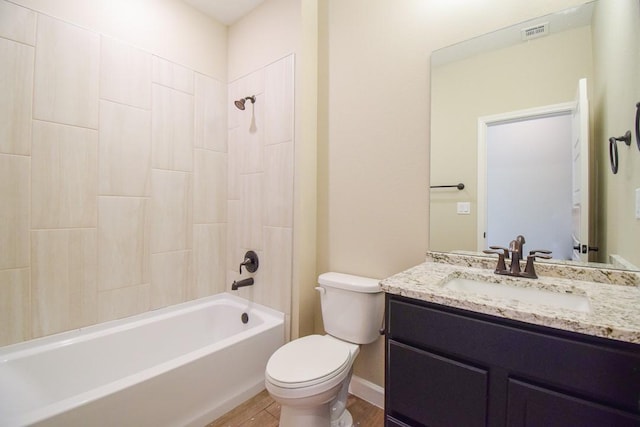 full bathroom featuring tub / shower combination, toilet, vanity, and hardwood / wood-style flooring