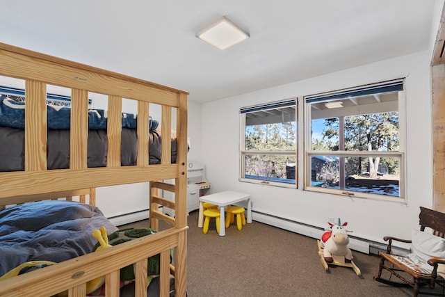 carpeted bedroom featuring baseboard heating