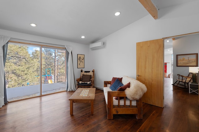 living area featuring dark hardwood / wood-style flooring, lofted ceiling with beams, and an AC wall unit