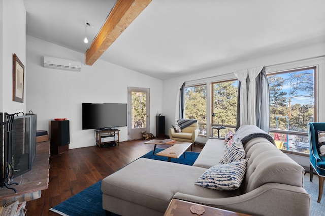 living room featuring plenty of natural light, dark hardwood / wood-style floors, lofted ceiling with beams, and an AC wall unit