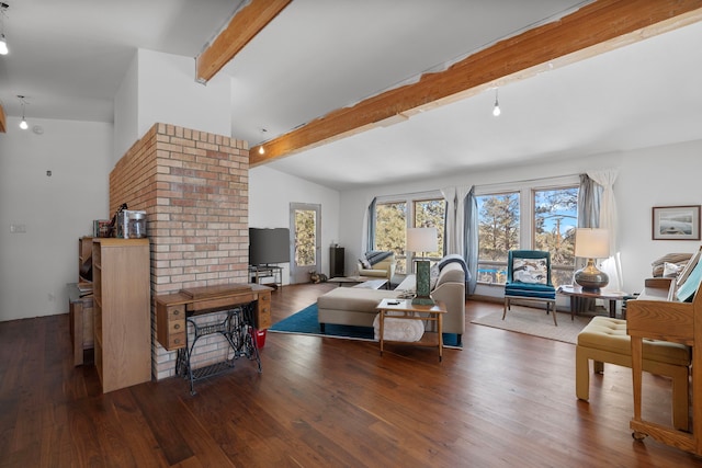 living room featuring dark wood-type flooring and lofted ceiling with beams