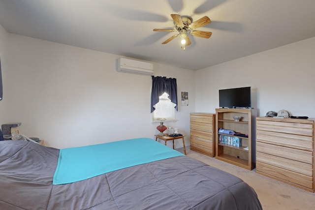 bedroom featuring a wall unit AC, ceiling fan, and carpet floors