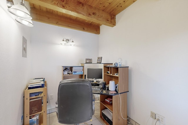 tiled office with wood ceiling and beamed ceiling