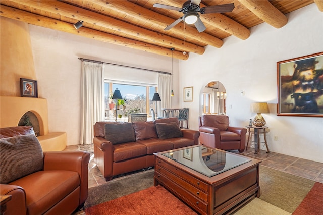 living room featuring ceiling fan, wood ceiling, and beam ceiling