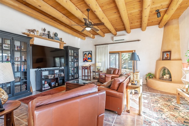 living room with wood ceiling, a large fireplace, ceiling fan, beam ceiling, and a wall mounted air conditioner