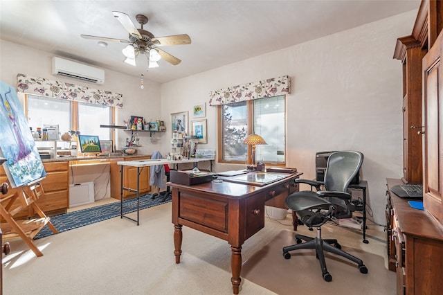 carpeted office with ceiling fan and a wall mounted AC