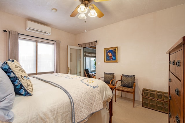 bedroom with ceiling fan, carpet flooring, and a wall mounted air conditioner