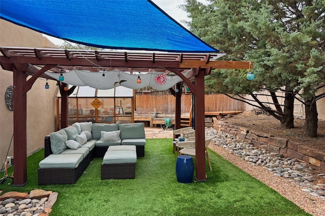 view of patio / terrace with an outdoor living space and a pergola