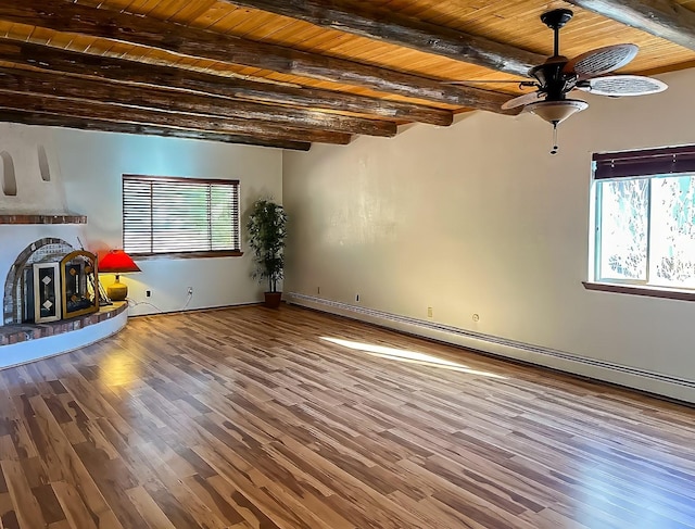 unfurnished living room featuring wood ceiling, hardwood / wood-style floors, ceiling fan, a baseboard radiator, and beam ceiling