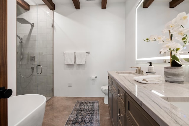 full bathroom with toilet, concrete flooring, shower with separate bathtub, vanity, and beamed ceiling