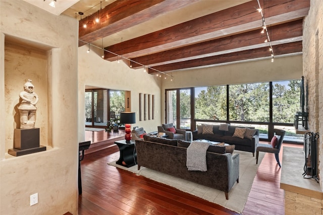 living room featuring a wealth of natural light, beam ceiling, and hardwood / wood-style flooring