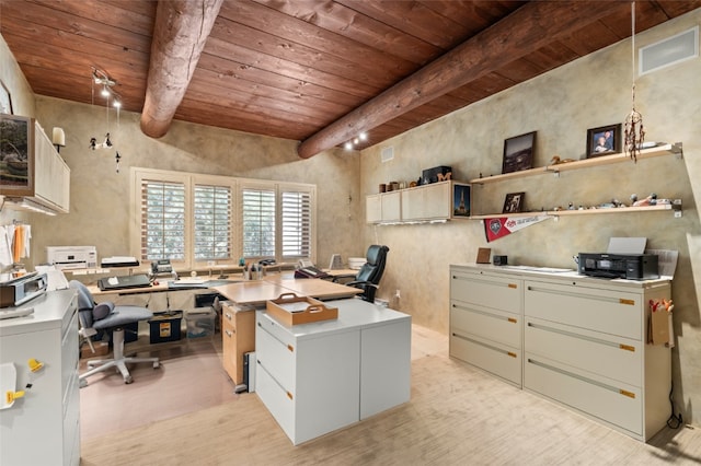 home office featuring wood ceiling and beam ceiling