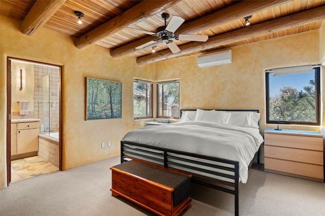 bedroom with ceiling fan, a wall unit AC, beam ceiling, wood ceiling, and connected bathroom