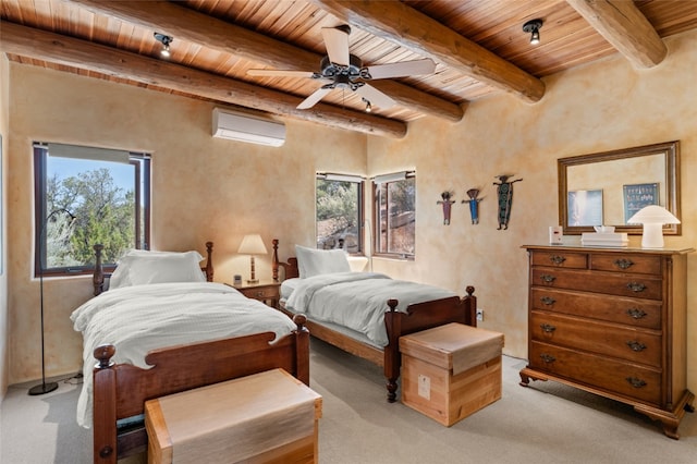 bedroom featuring ceiling fan, light colored carpet, multiple windows, and a wall mounted AC