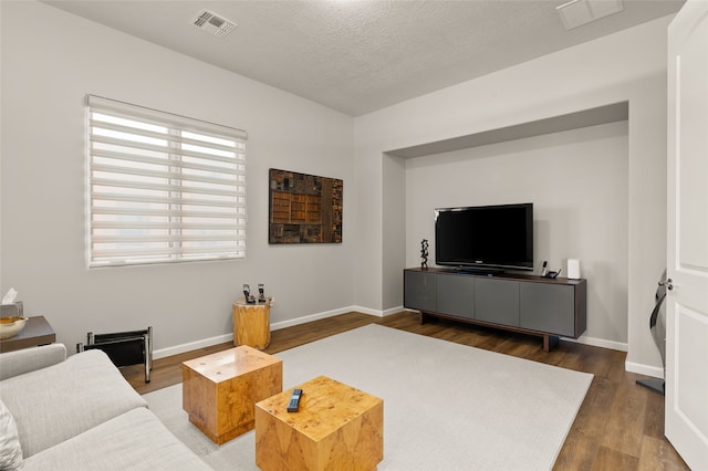 living room featuring hardwood / wood-style floors and a textured ceiling