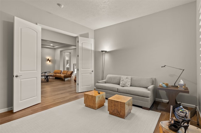 living room featuring a textured ceiling and hardwood / wood-style flooring