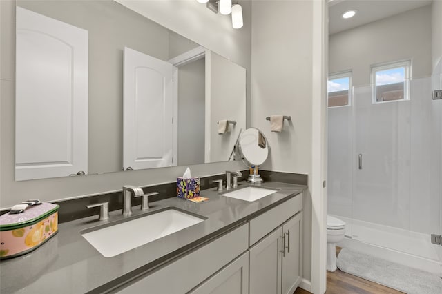 bathroom with toilet, vanity, a shower with door, and hardwood / wood-style flooring