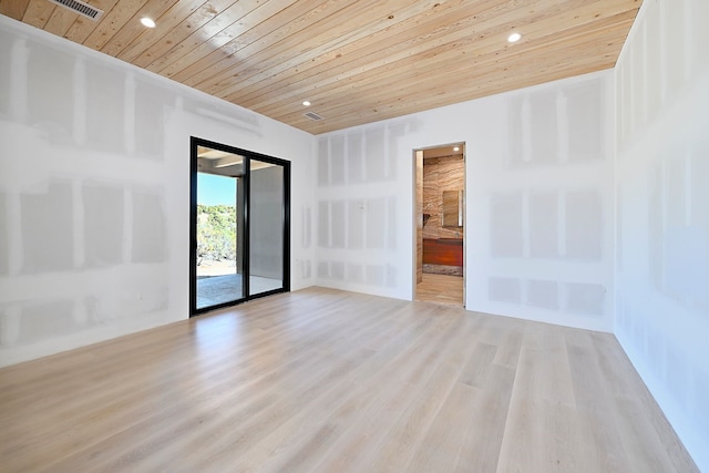 unfurnished room featuring visible vents, recessed lighting, wood ceiling, and light wood-style floors