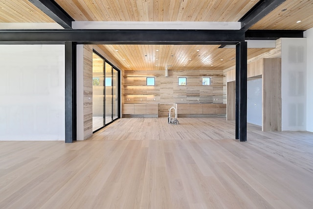 interior space with wood finished floors, wooden walls, wood ceiling, and beamed ceiling