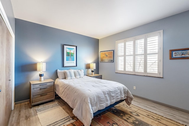 bedroom featuring light wood-type flooring and a closet