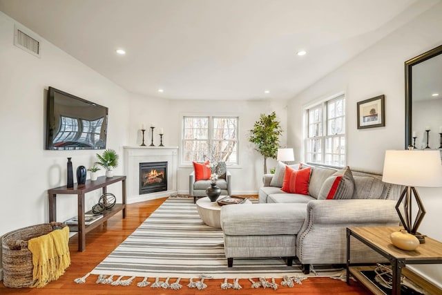 living room with plenty of natural light and wood-type flooring